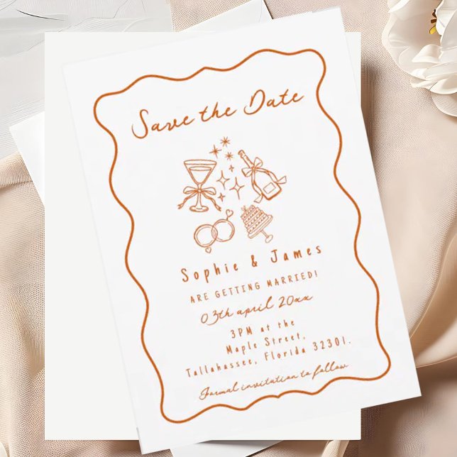 Invitation orange Whimsical Doodle Mariage tendance (Créateur téléchargé)