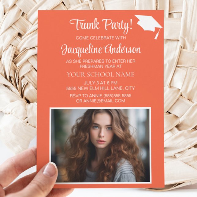 Invitation Orange White Graduation Cap Trunk Party Photo (Orange graduation Trunk Party photo invitation)