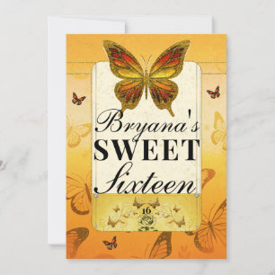 Invitation Orange Yellow & Gold Butterfly Sweet 16 Party