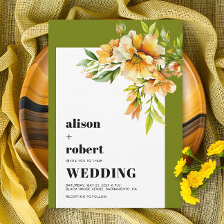 Invitation Orange, yellow rhododendron olive green wedding