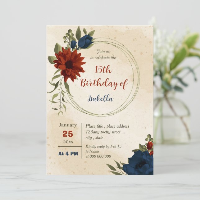 Invitation oranger brûlé fleurs de la marine anniversaire bot (Debout devant)
