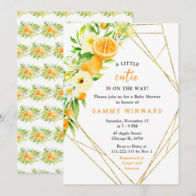 Invitation Oranges and Flowers Baby Shower (Devant / Derrière)