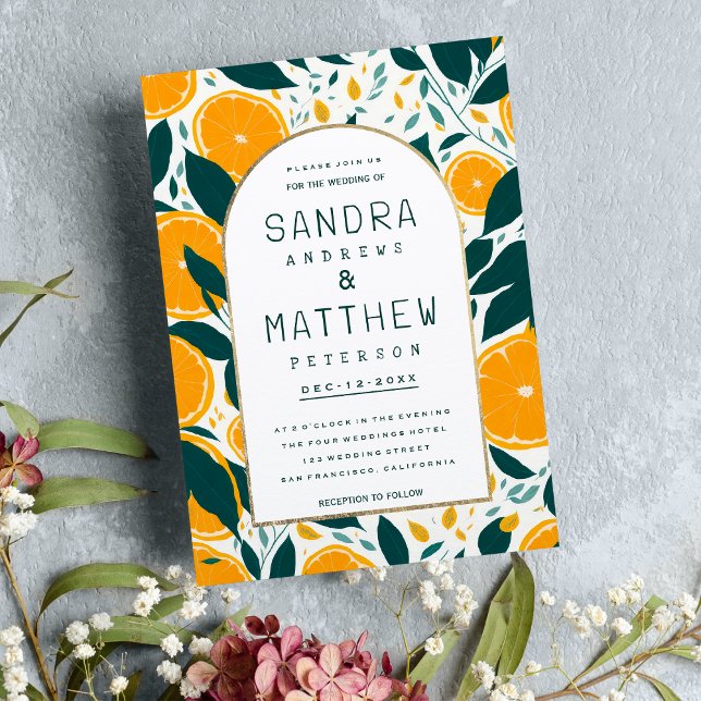 Invitation Oranges d'été Mariage du feuillage botanique des f (Summer oranges fruit botanical foliage Wedding )