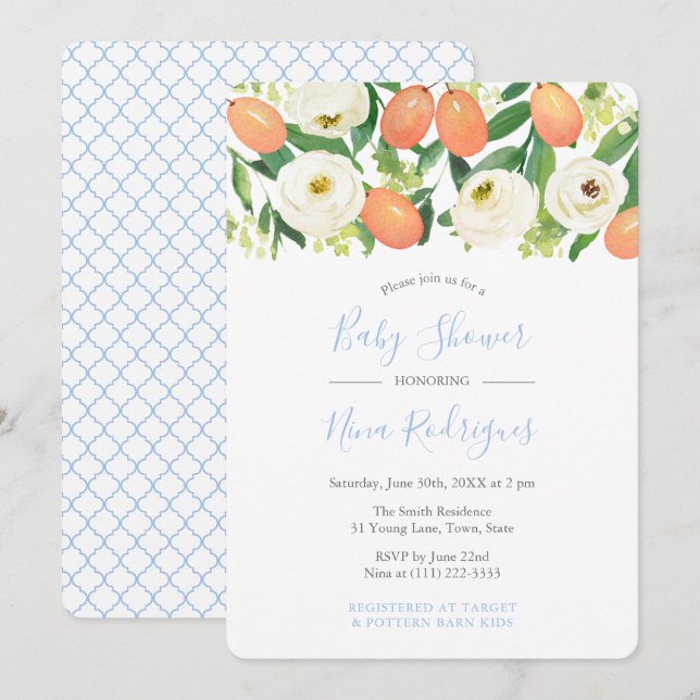 Invitation Oranges d'hiver Bleu Bleu Blanc Baby shower garçon (Devant / Derrière)