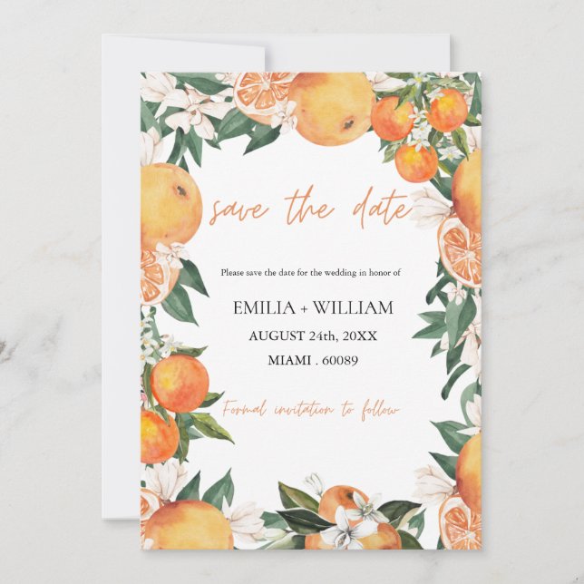 Invitation Oranges romantiques Photo Mariage Enregistrer la d (Devant)