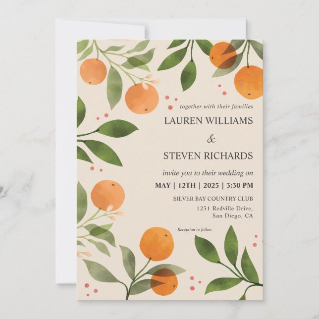 Invitation Oranges roses personnalisées Floraux verts Mariage (Devant)