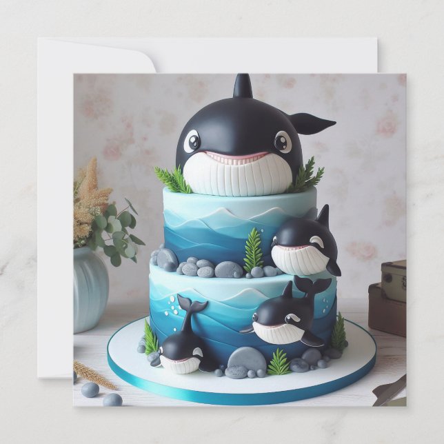 INVITATION ORCA ANNIVERSAIRE DE ENFANT DE GÂTEAU DE BALEINE (Devant)