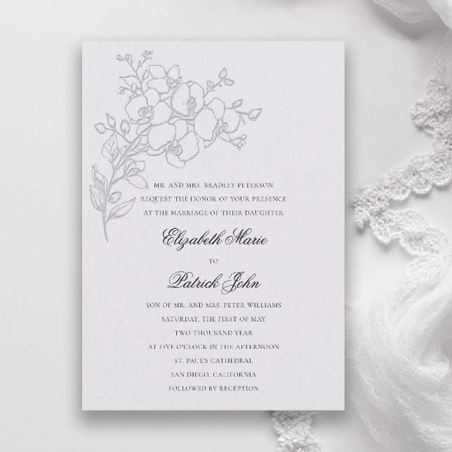 Invitation Orchid Sketch Formal Traditional Ivory Wedding (orchid wedding invitation ivory veil formal modern classic traditional black tie parents hosting)