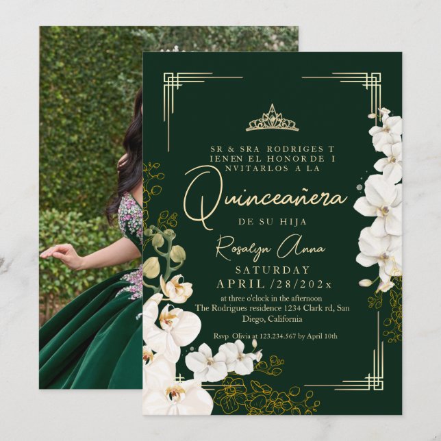 Invitation Orchidée blanche Emeraude Princesse Quinceañera (Devant / Derrière)