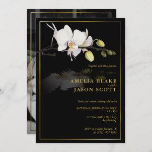 Invitation Orchidée blanche en noir   Cadre Or   Mariage phot