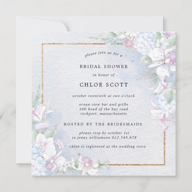 Invitation Orchidée blanche Fête des mariées d'aquarelle bleu (Devant)