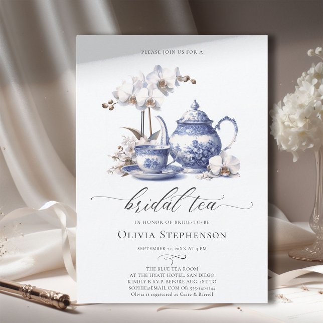 Invitation Orchidée Blanche Hampton Toile Chic Thé nuptiale D (bridal tea party white orchid toile hampton style something blue elegant modern classic watercolor)