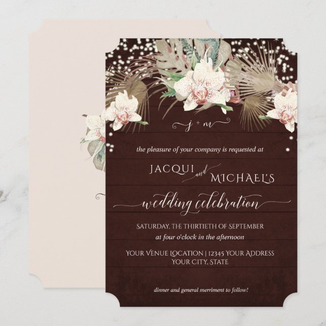 Invitation Orchidée Blanche Rustique Scintillante Fleur de Bo (Devant / Derrière)