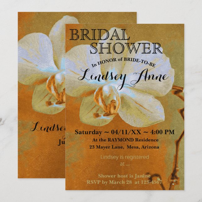 Invitation Orchidée dans les tons d'orange personnalisée (Devant / Derrière)