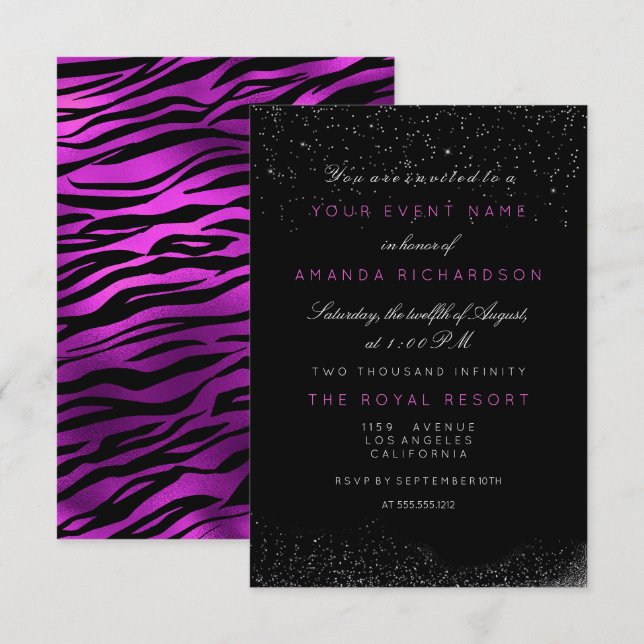 Invitation Orchidée Fuchsia Tigre Noir Blanc Anniversaire Pai (Devant / Derrière)