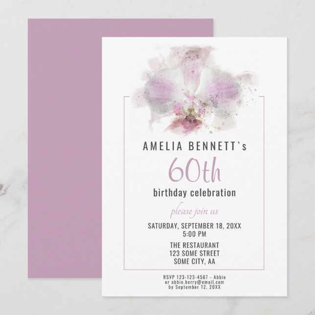 Invitation Orchidée rose Aquarelle Florale 60e anniversaire (Devant / Derrière)