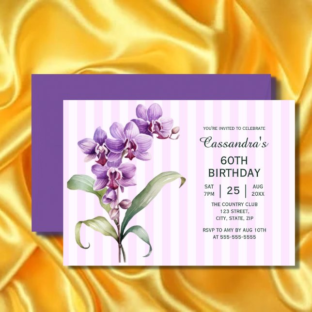 Invitation Orchidée violette moderne rayures florales 60e ann (Créateur téléchargé)