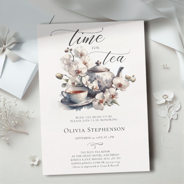Invitation Orchidées Blanches Aquarelle Chic Thé nuptiale Dou (bridal tea party white orchid elegant modern classic watercolor romantic sophisticated classy chic)