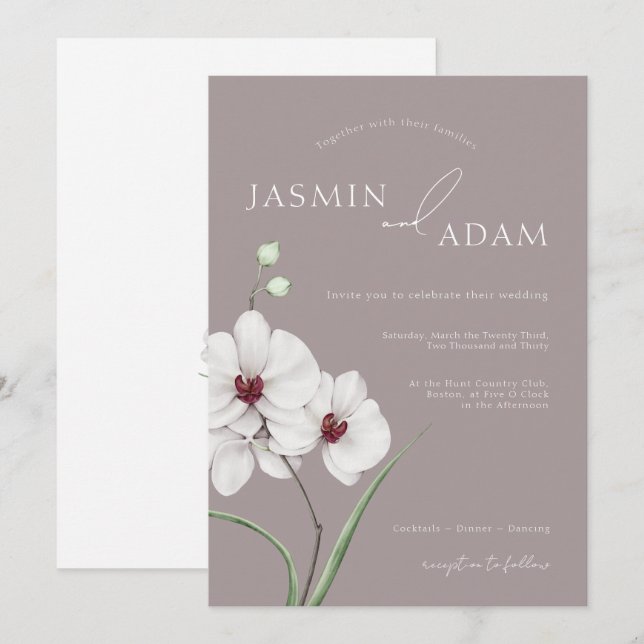 Invitation Orchidées blanches grises modernes Initiales Maria (Devant / Derrière)