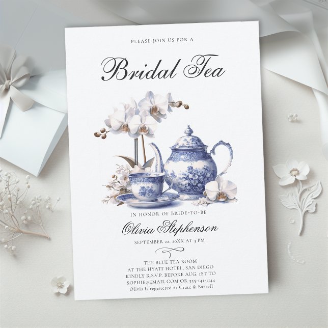 Invitation Orchidées Blanches Hampton Toile Douche Thé nuptia (bridal tea party white orchids french toile hampton style something blue invitation modern elegant)