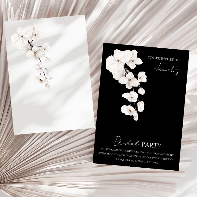 Invitation Orchidées blanches noires modernes Fête de la mari (Modern Black White Orchids Floral Bridal Party Invitation)