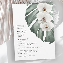 Invitation Orchidées blanches sur Monstera Mariage tropical