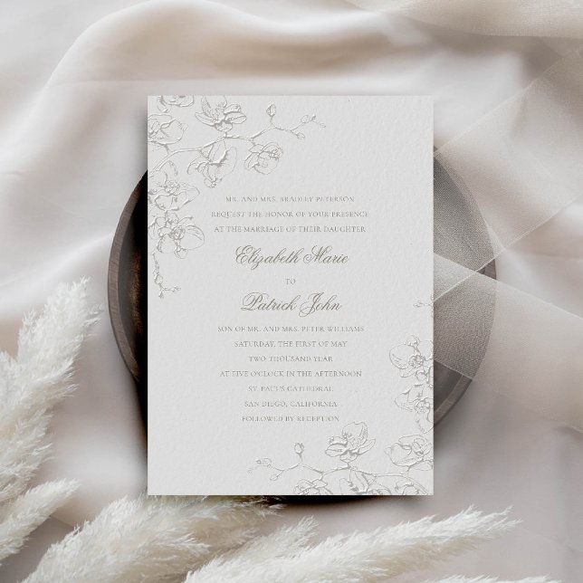 Invitation Orchidées Bliss Ivory Formel Mariage traditionnel (orchids wedding invitation formal traditional modern classic art ink sketch ivory calligraphy)