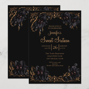 Invitation Orchidées noires gothiques Sweet 16