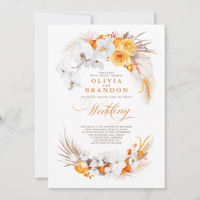 Invitation Orchidées Orange et Blanc Fleurs Boho Mariage (Devant)