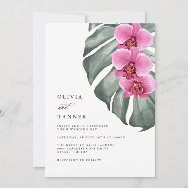 Invitation Orchidées roses chaudes Code QR Mariage tropical (Devant)