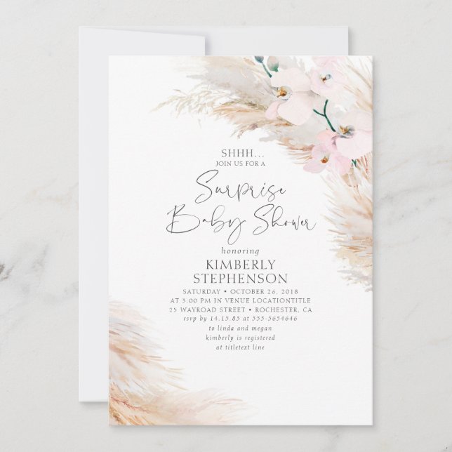 Invitation Orchidées roses Pampas Grass Surprise Baby shower (Devant)