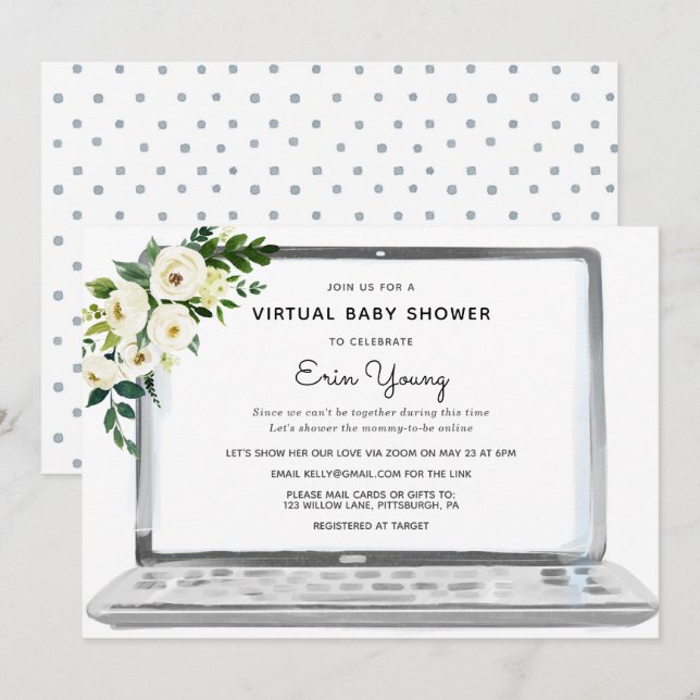 Invitation Ordinateur portable Baby shower virtuel avec fleur (Devant / Derrière)