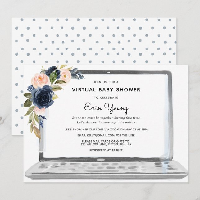 Invitation Ordinateur portable Baby shower virtuel Marine & F (Devant / Derrière)