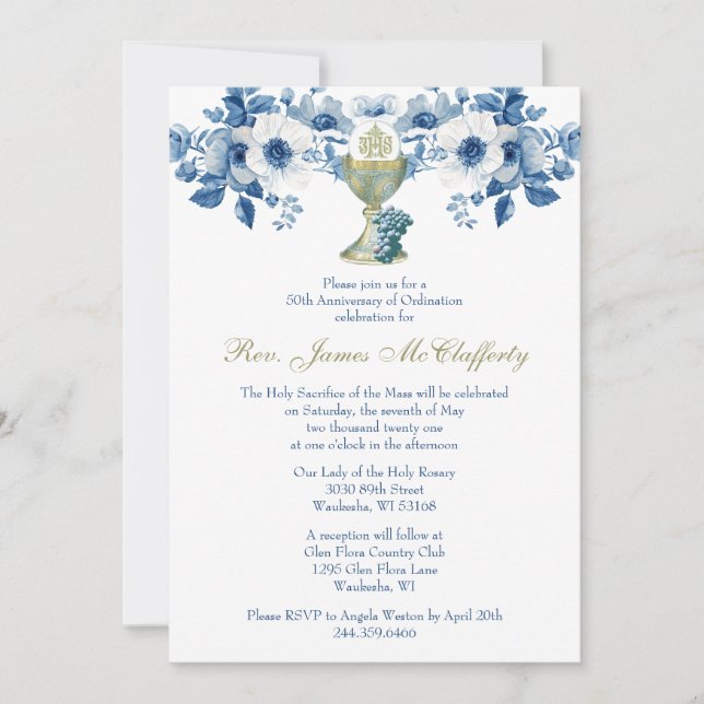 Invitation Ordination du prêtre catholique Anniversaire bleu (Devant)