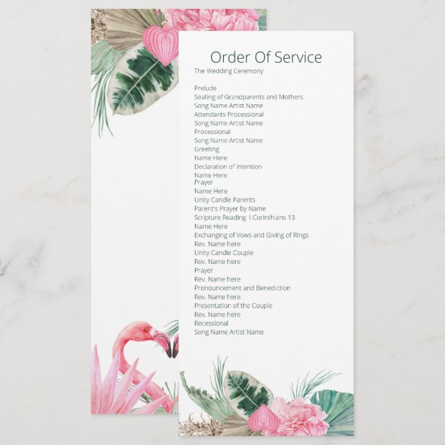 Invitation Ordre du service de mariage Flamant Rose Tropical (Devant / Derrière)