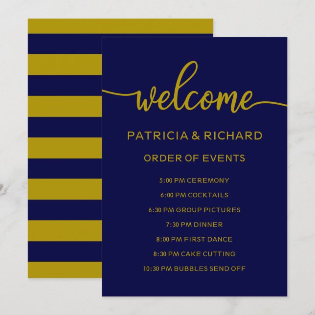 Invitation Ordre mariage des événements Gold Navy Blue Schedu (Devant / Derrière)