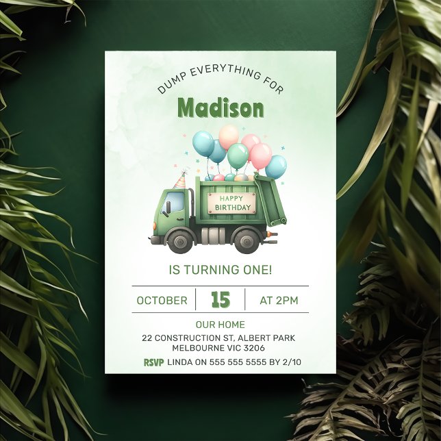 Invitation Ordures Camion 1ère fête d'anniversaire (Créateur téléchargé)