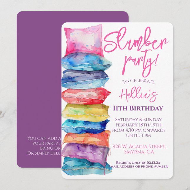 Invitation Oreiller aquarelle pour soirée pyjama (Devant / Derrière)