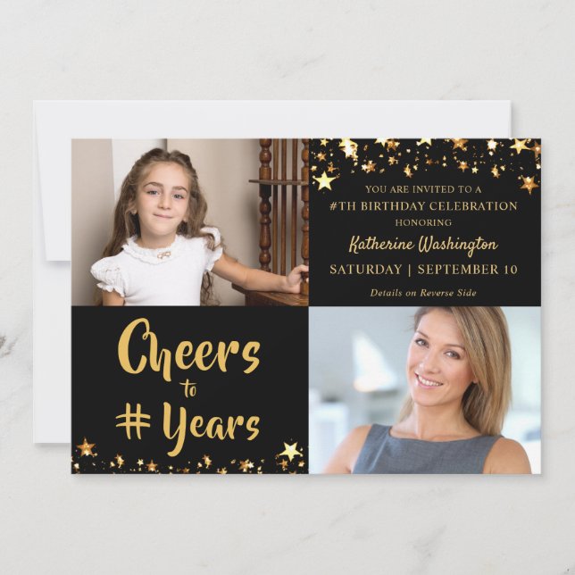 Invitation OREILLERS D'Anniversaire À # ANS Black Gold Stars  (Devant)