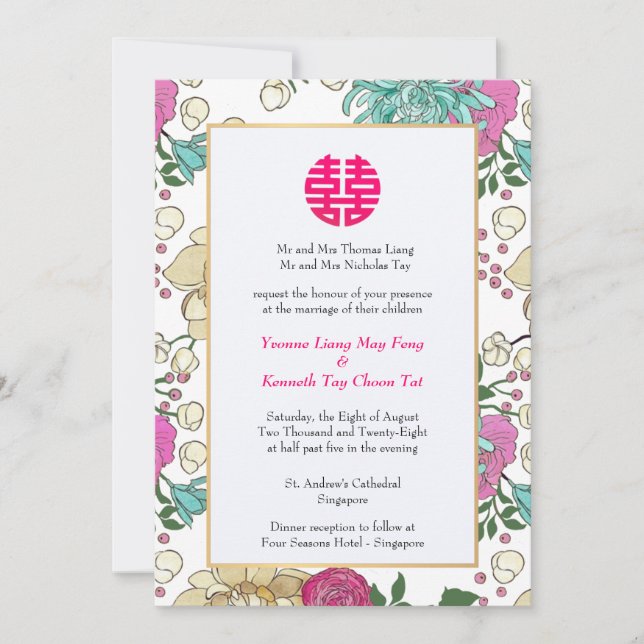 Invitation Oriental Floral Double Bonheur Mariage chinois (Devant)