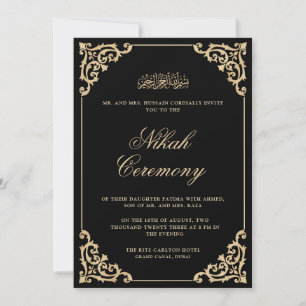 Invitation Ornat Baroque Gold Frame Black Nikah Mariage