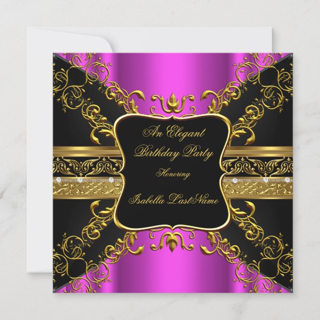 Invitation Ornat Hot Rose Black Gold fête d'anniversaire 2 (Devant)