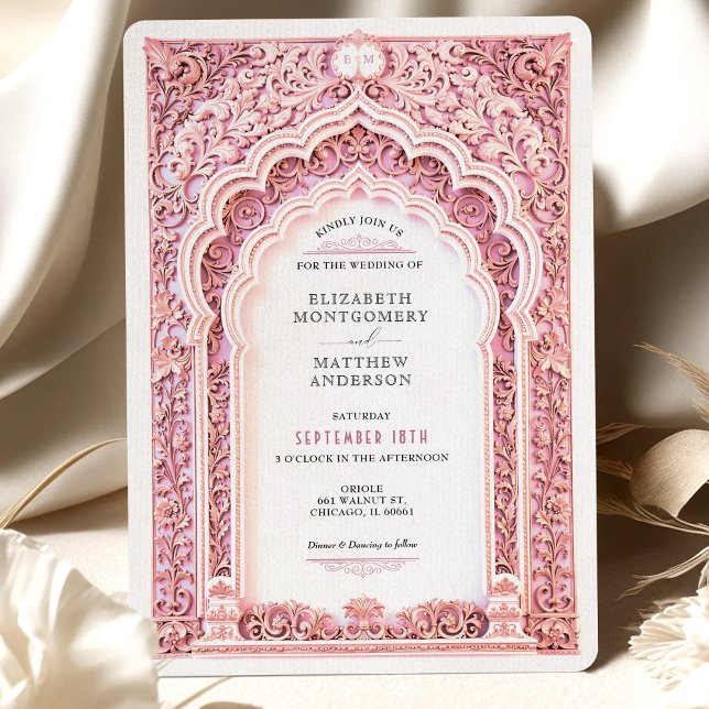 Invitation Ornat Mariage indien romantique en fibre rose (Créateur téléchargé)