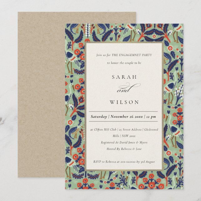 Invitation Ornat Turquoise Classy Floral Peacock Fiançailles (Devant / Derrière)