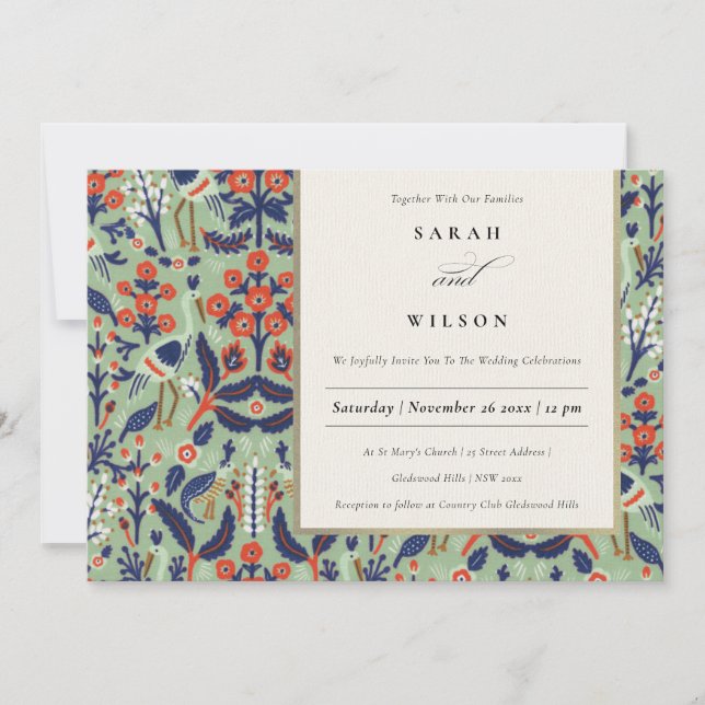 Invitation Ornat Turquoise Classy Floral Peacock Mariage (Devant)