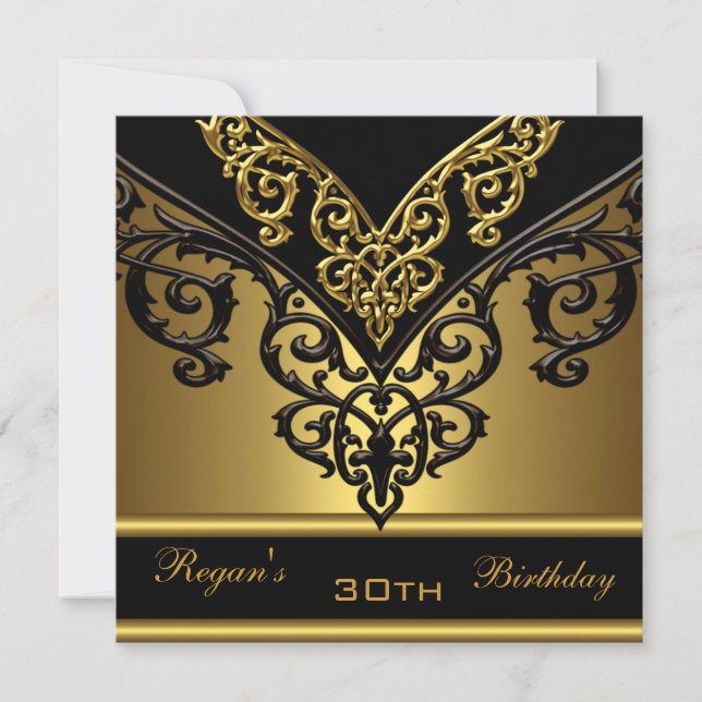 Invitation Ornate Black Gold 30e Soirée d'anniversaire élégan (Devant)