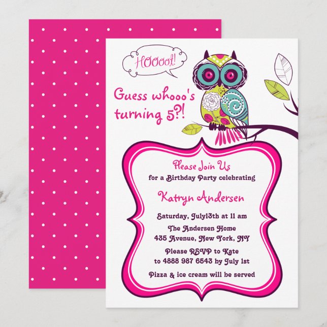 Invitation Ornate Floral Owl Hot rose Anniversaire de enfant  (Devant / Derrière)