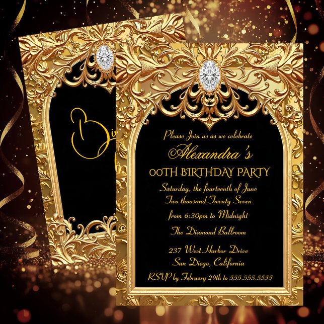 Invitation Ornate Gold Black Elegant Birthday Party Diamonds (Créateur téléchargé)