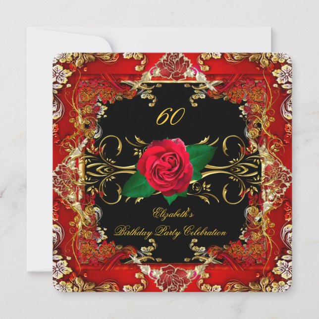 Invitation Ornate Gold Black Red Roses 60e Anniversaire fête  (Devant)