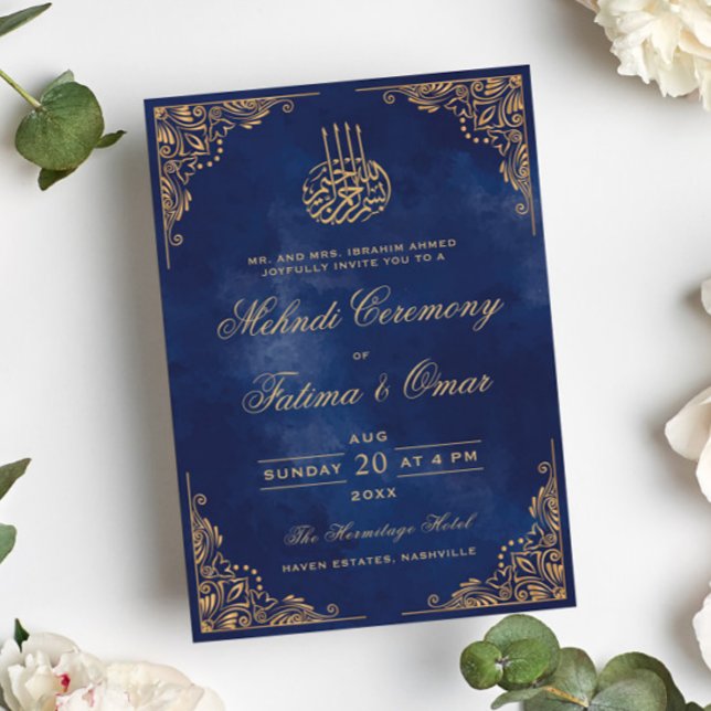 Invitation Ornate Gold Frame Muhndi Bleu islamique Cérémonie (Créateur téléchargé)